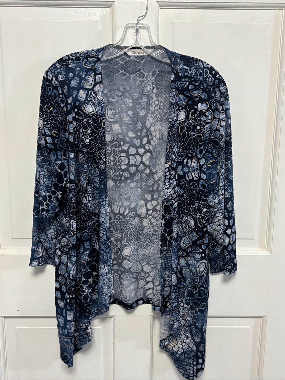 Women’s TanJay Blue Gold Patterned Open-Front Cardigan. Size M/L